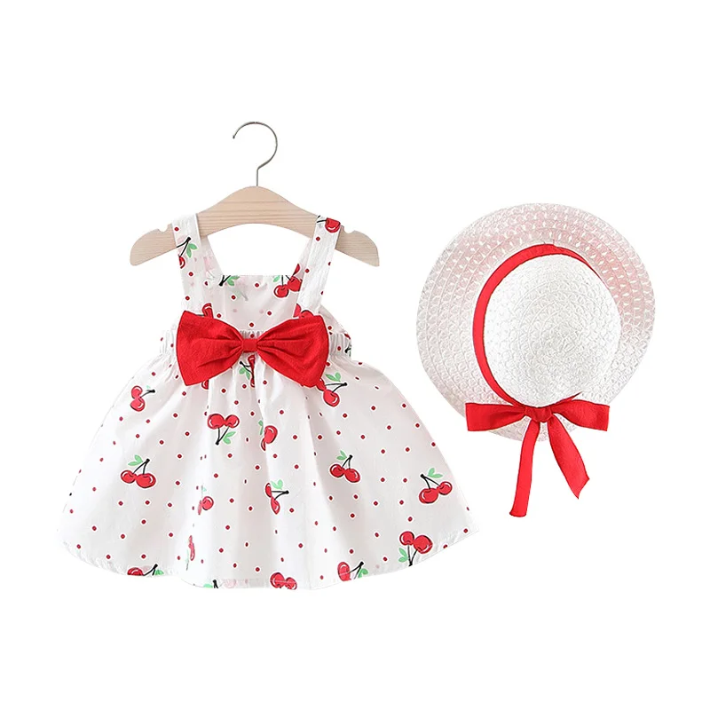 

Summer new girls dress pettiskirt female baby summer fruit series printing strap dress holiday wind to send straw hat