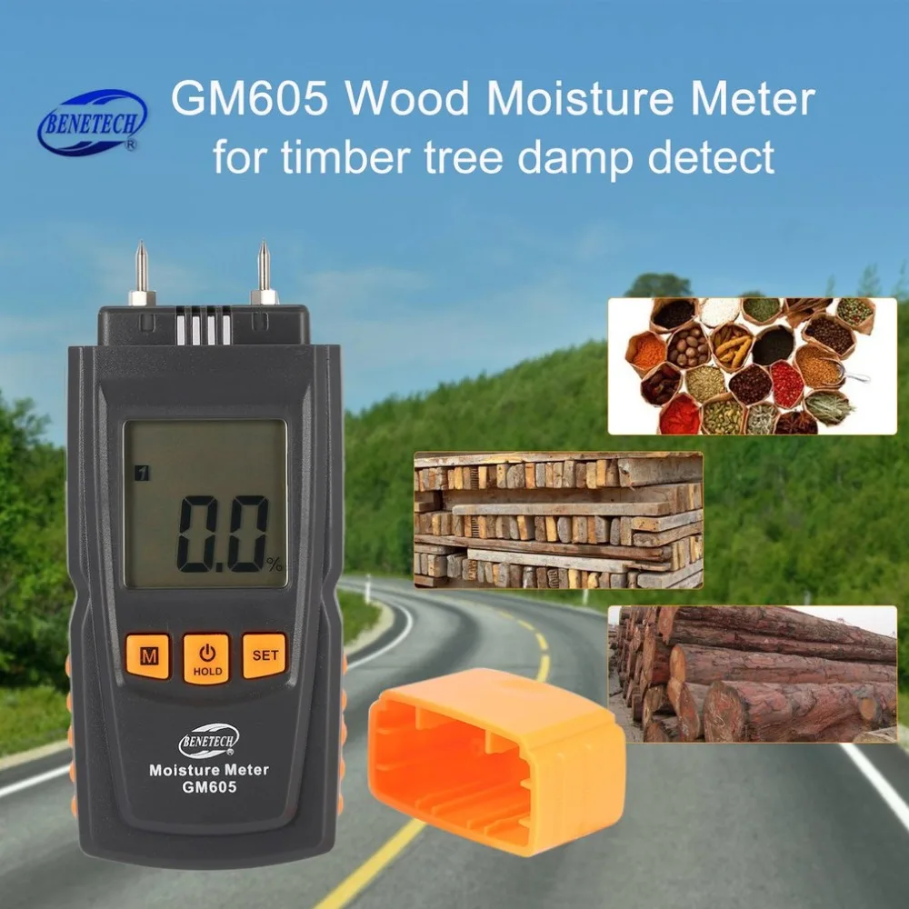 

BENETECH GM605 Digital LCD Display Wood Moisture Meter Humidity Tester Timber Paper Tree Damp Detector 2 Pins Hygrometer