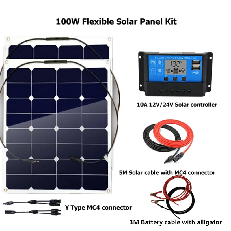 

2pcs 50w solar panel System High effeciency flexible solar panel kit, 10A LCD controller, 5M MC4 3M battery cable, mc4 connector