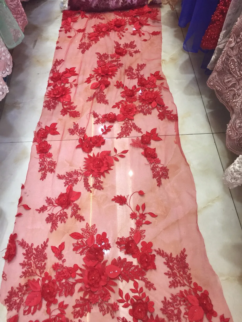 5yards NE012 good quality nice red 3d FLOWER beads pearls sequin embroidery Tulle lace fabric for evening dress/wedding | Дом и сад