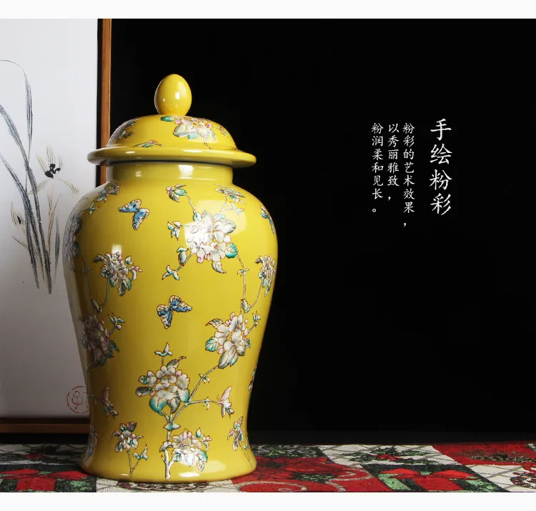 Yellow Jingdezhen hand made temple jar vase ceramic porcelain ginger jar chinese ceramic jar butterfly decoration   (7)