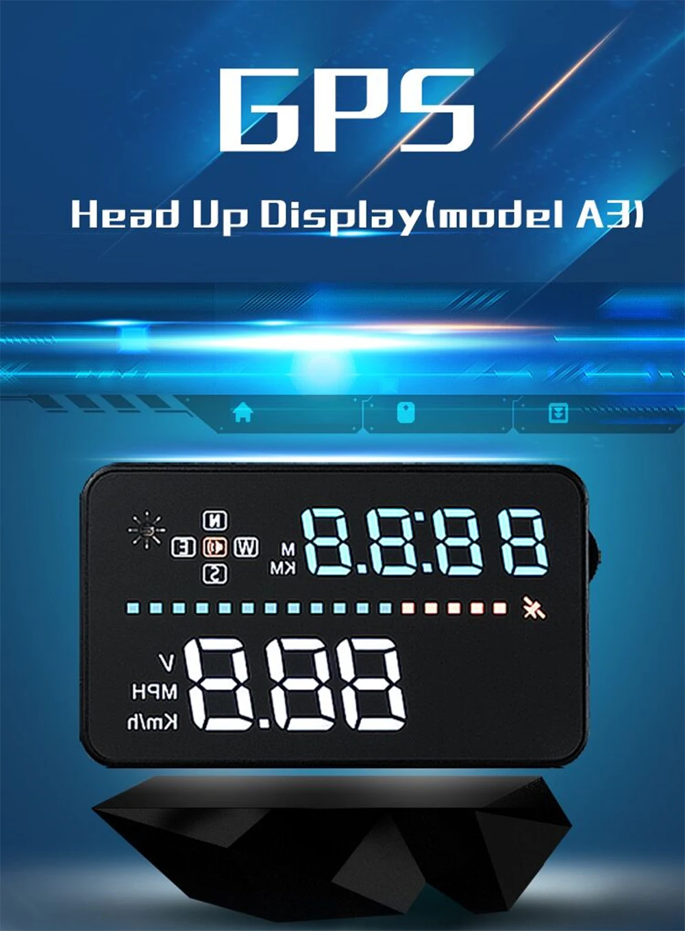 3." Winshield проектор GPS Спидометр A3 HUD автомобилей Head Up Дисплей цифровой спидометр автомобиля OBD2 автомобиля ускорения Предупреждение