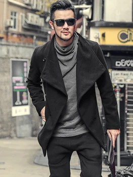 

Men Autumn and Winter Woolen Design Sense Casual Cutting Jacket Coat Men's Fabric Slim Black Brand British Style New Coat F8260