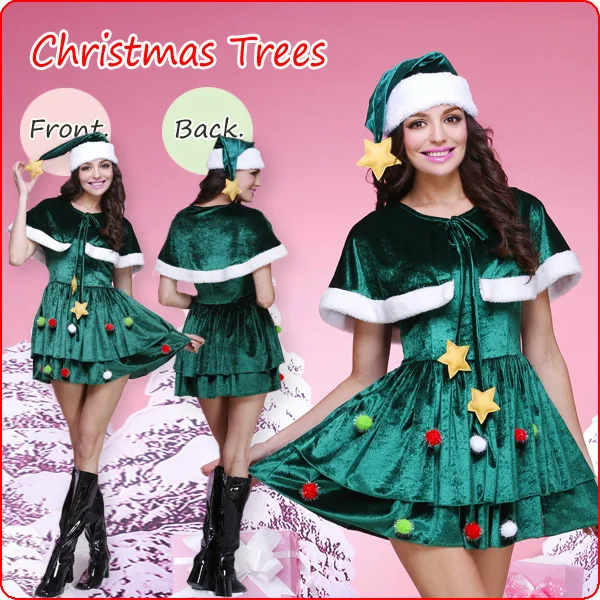  Christmas Hat Cloak Dress Suits Green Christmas Tree Pattern Party Masquerade Women Christmas Party