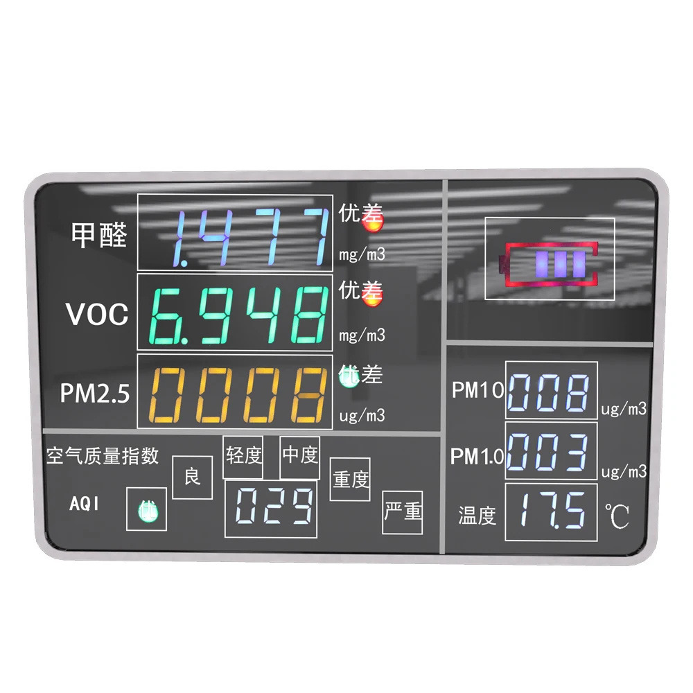

9-in-1 Air Quality Monitor USB Rechargeable HCHO VOC PM10 PM1.0 PM2.5 detector Thermometer Display Battery Power 4 Sensors