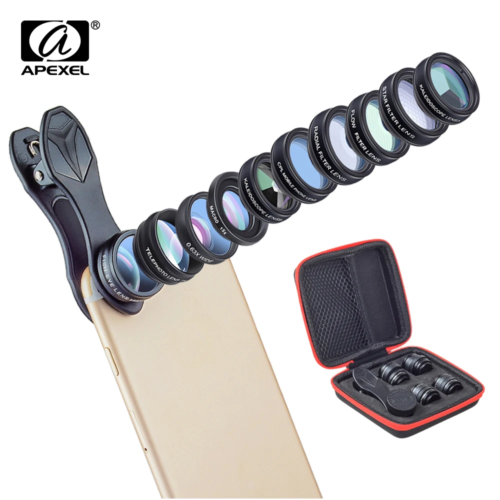 APEXEL 10in1 الهاتف كاميرا عدسة كيت فيش زاوية واسعة تلسكوب ماكرو العدسات المحمول ل فون سامسونج Redmi 7 هواوي الخليوي الهاتف
