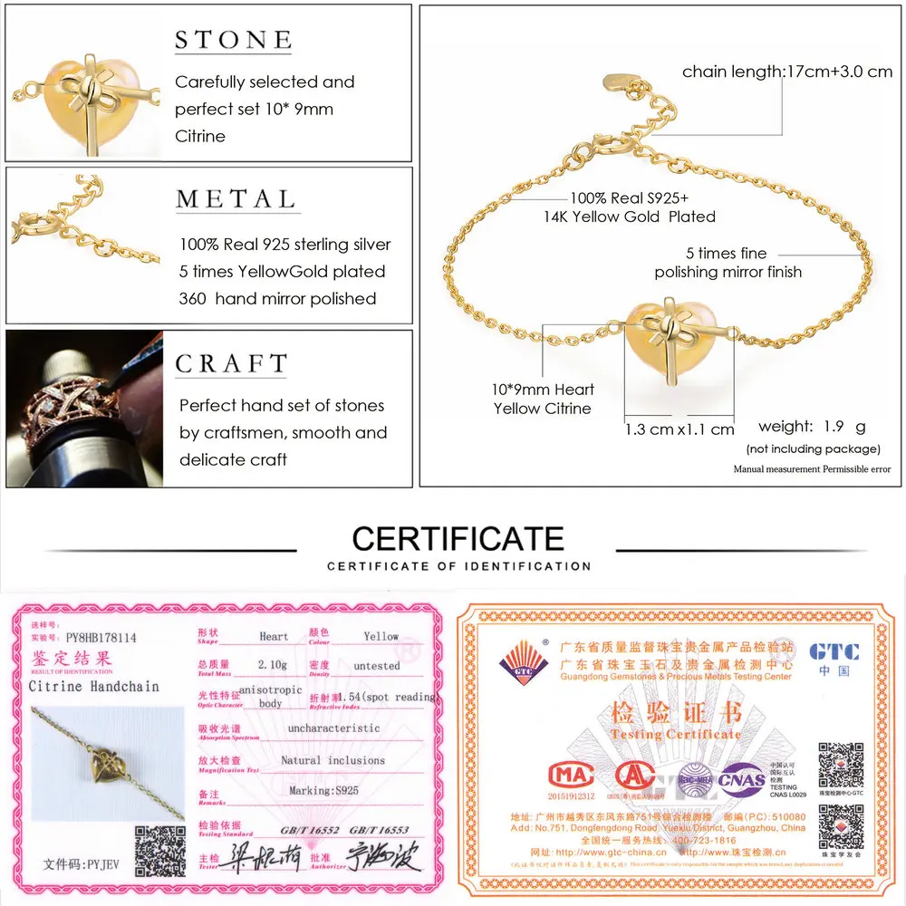Lamoon Romantic Heart Natural Citrine 925 Sterling Silver Jewelry Chain Charm Bracelet S925 LMHI048