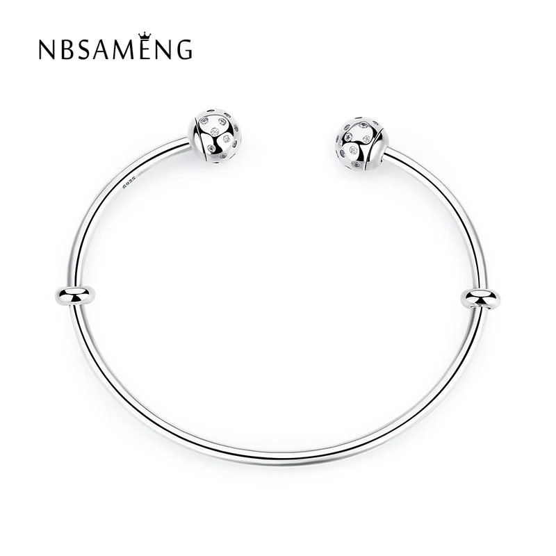 

925 Sterling Silver Charm Bead Moments Open Bangle Bracelet With Crystal & 2 Stoppers Fit DIY Pan Beads Bangles