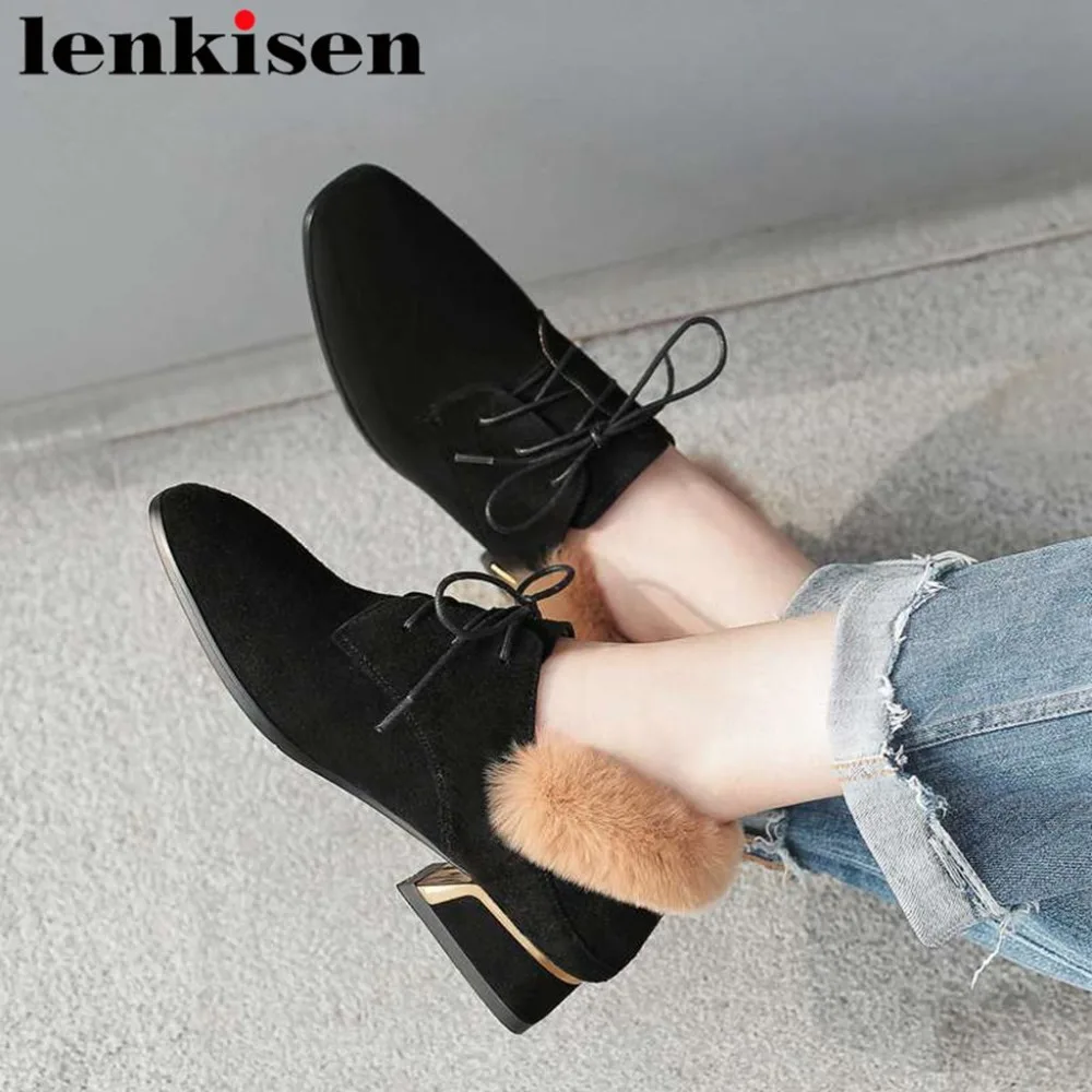 

Lenkisen british style plus size square toe low thick heels lace up natural leather beauty woman shoes real fur fairy pumps L10