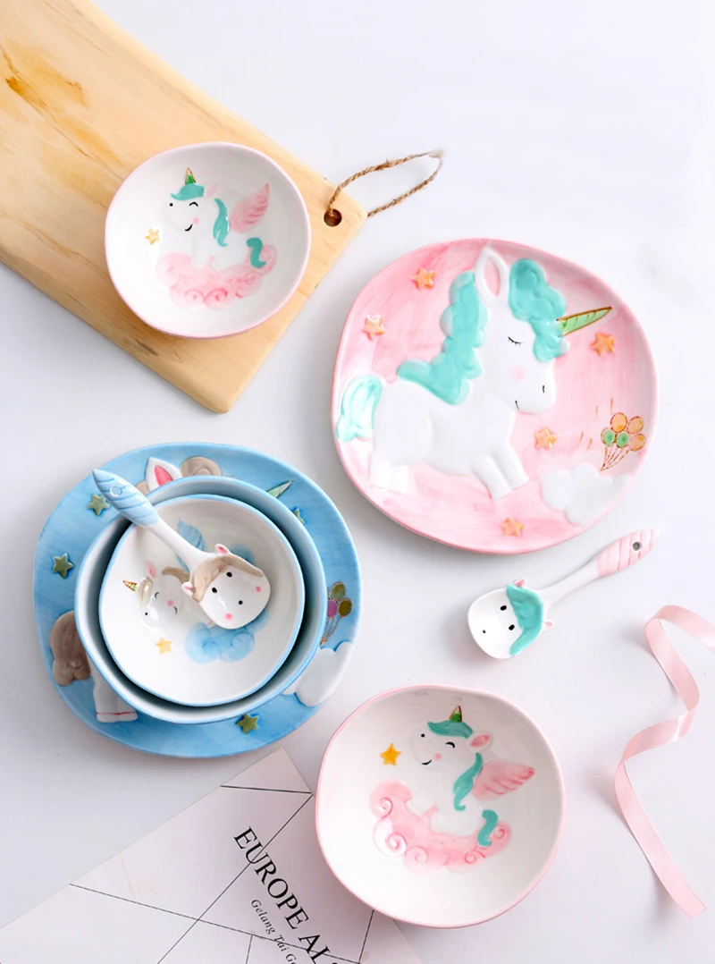 Творческий Керамическая посуда наборы Симпатичный мультфильм Unicorn фарфоровый набор посуды Латы Ложка Bowl Детская Посуда Посуда