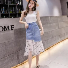 Женская модная джинсовая юбка в горошек с сеткой в стиле пэчворк