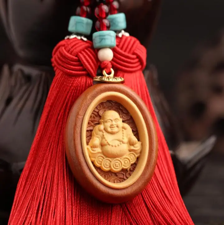 

Chinese Boxwood Carved Red Double Tassel Pendant Maitreya Buddha Blessing Word Card Exquisite Car Pendant Statue Gift