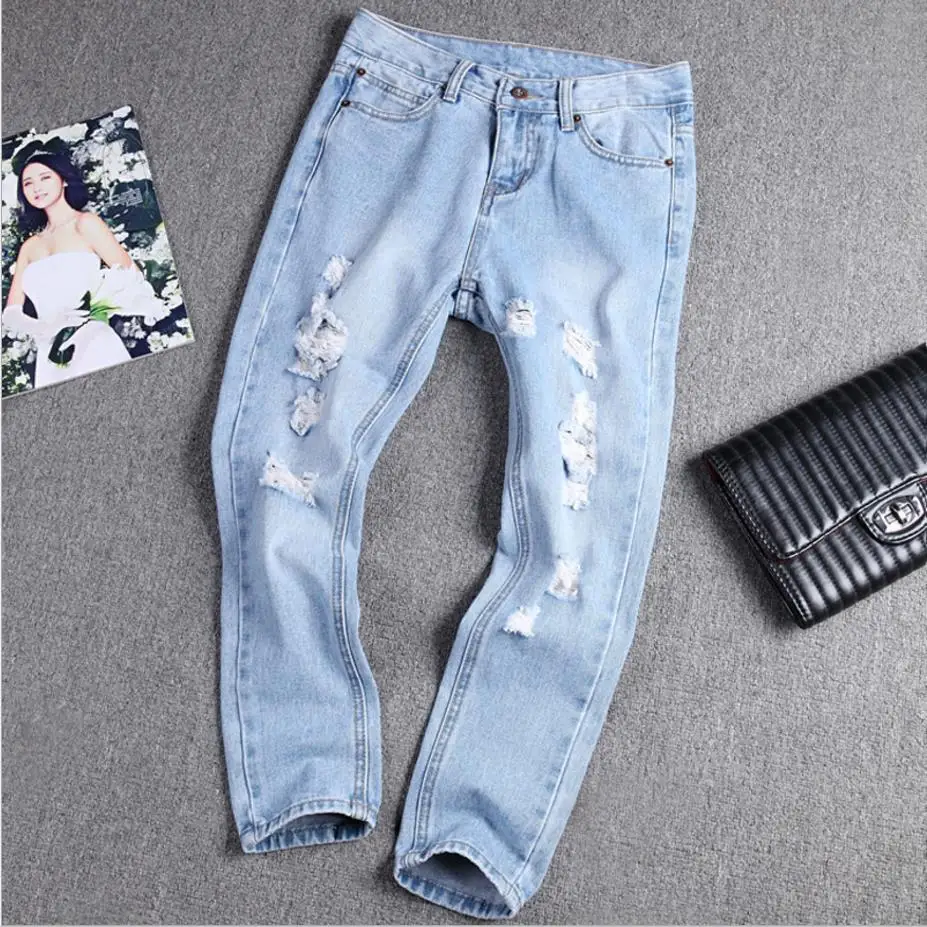 2018 весенние женские свободные прямые брюки джинсовые BF Стиль лодыжки повседневные отверстия джинсы плюс размер 26-33