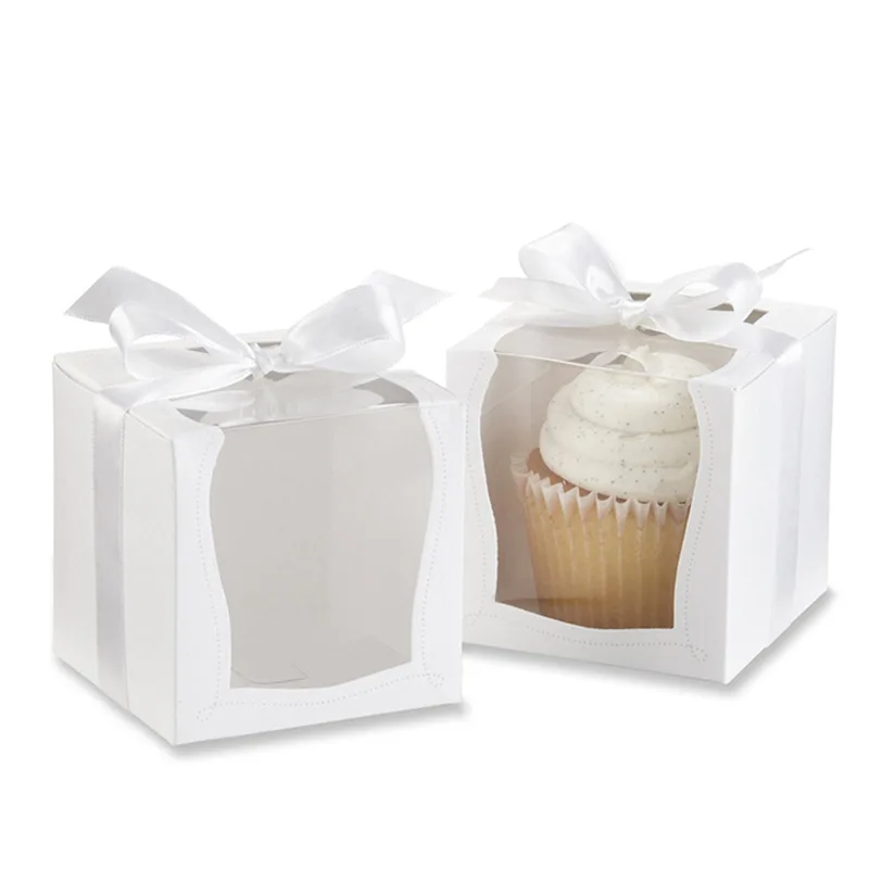 

12Pcs/Lot White Brown Kraft Paper Cupcake Box Cake Box With Clean PVC Window Wedding Party Favor Box Cake Packaging