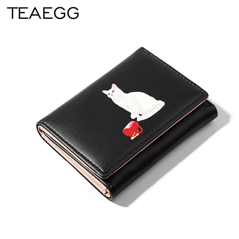 

TEAEGG Women's Wallet Lovely Cartoon Cat Animals Short Leather Female Small Coin Purse Hasp Zipper Purse Card Holder For Girls