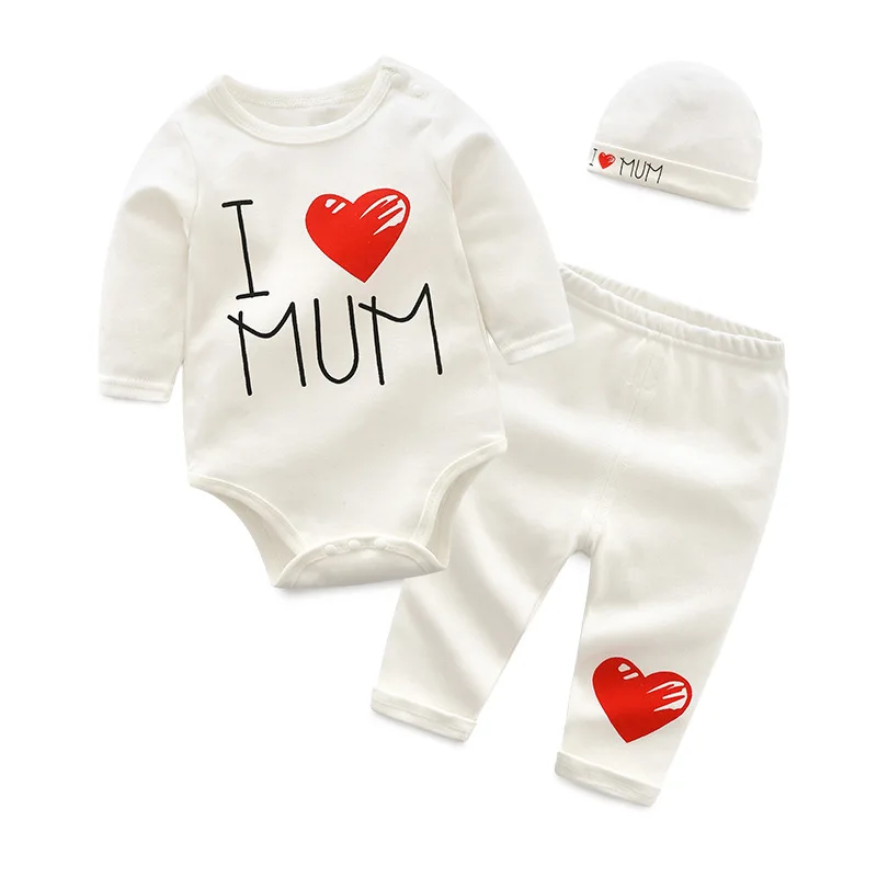 IYEAL Одежда для новорожденных мальчиков комплект новая модная одежда для девочек, комплект, хлопковый комбинезон с длинными рукавами+ штаны+ шапочка, комплект из 3 шт./компл - Цвет: I Love Mum