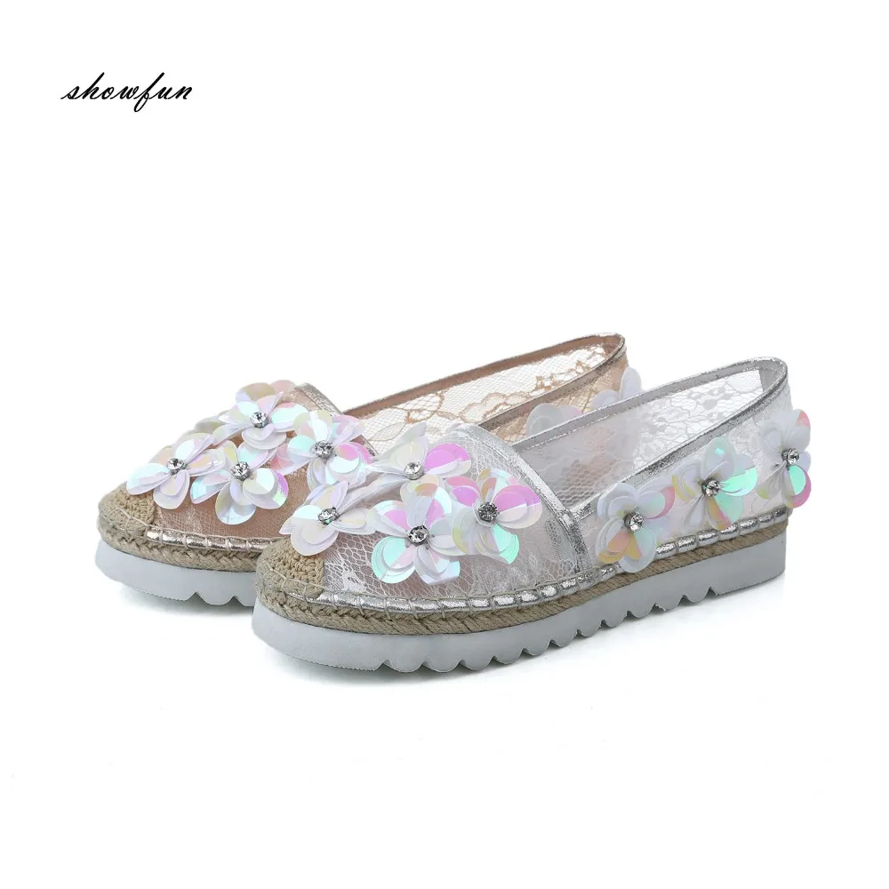 

Women's Sequins Mesh Platform Flats Slip-on Loafers Brand Designer Breathable Moccasins Brogues Leisure Espadrilles Shoes Women