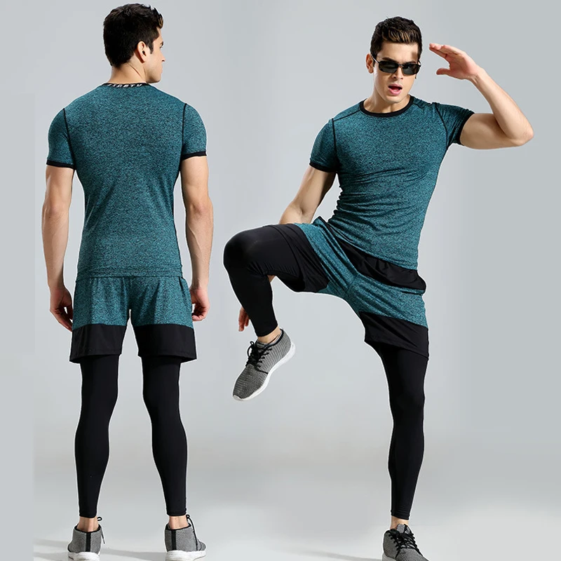 

Hot 3 piece set Compression Tracksuit Fitness Tight Running Set T-shirt Legging Men's Sportswear Remix Black Gym Sport Suit