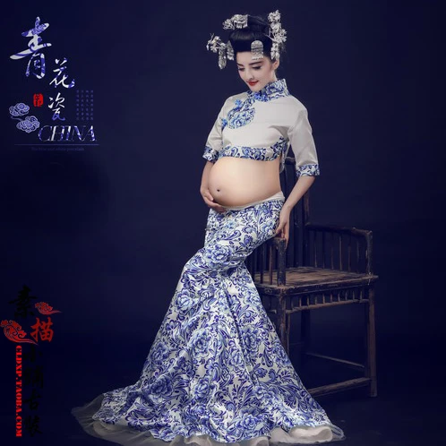 

China Qing Hua Ci Blue & White Porcelain Chinese Style Thematic Photography Costume Pregnant Mummy Costume Hanfu for Women