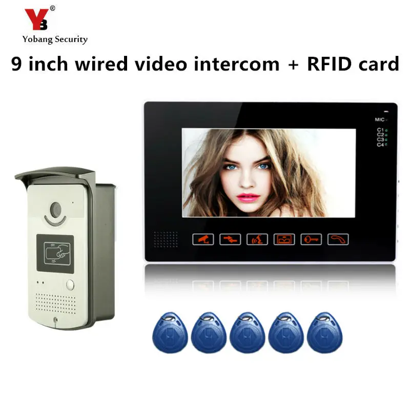 Yobang безопасности Бесплатная доставка 9 "Видеодомофоны телефон двери Системы с 1 черный Мониторы 5 шт. RFID Доступа Системы Дверные звонки