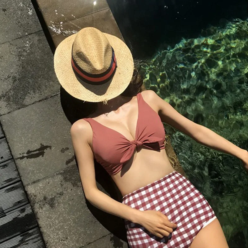 

Summer Women's Bikini Padded Bra Bandage Two Pieces Retro Plaid Swimsuit Sexy High Waist Beachwear Split bean red Swimsuit Girls