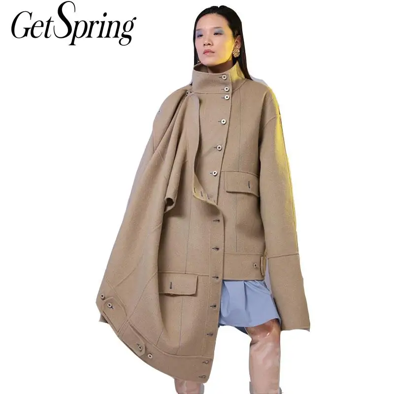 

GETSRING Ladies Winter Coats Long Sleeves Handmade Double-Sides Wool Coat Single Breasted Oversized Female Overcoat Long Autumn