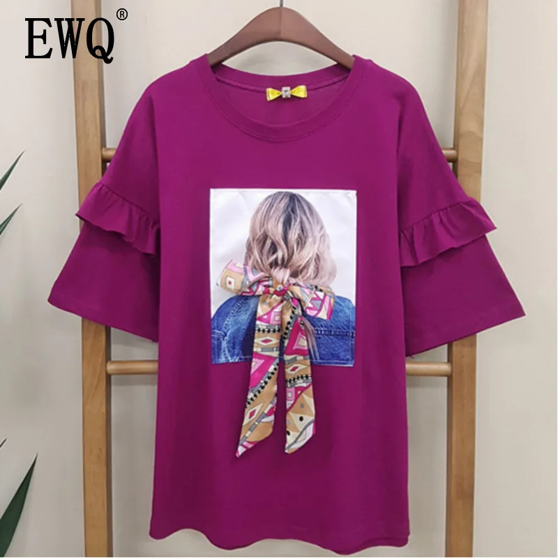 [EWQ] Новинка лета, пуловер с круглым вырезом и принтом, повязка на голову с рукавом-бабочкой, топ с лентой, свободная футболка QJ24200
