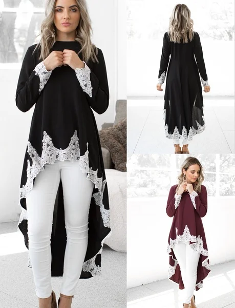 

Fashion Long Sleeve Dubai Style Casual Shirts for Women Pullover Irregular Hem Tops Solid Color Lace Blouses Dress Clothing