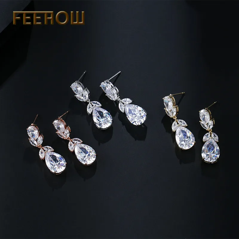 FEEHOW Новое поступление CZ циркониевые висячие серьги в форме листа Модные