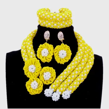 

Yellow Flowers African Nigerian Beads necklace set Costume Fashion Jewelry Set India Sexy Silver Jewellery Sets 2018