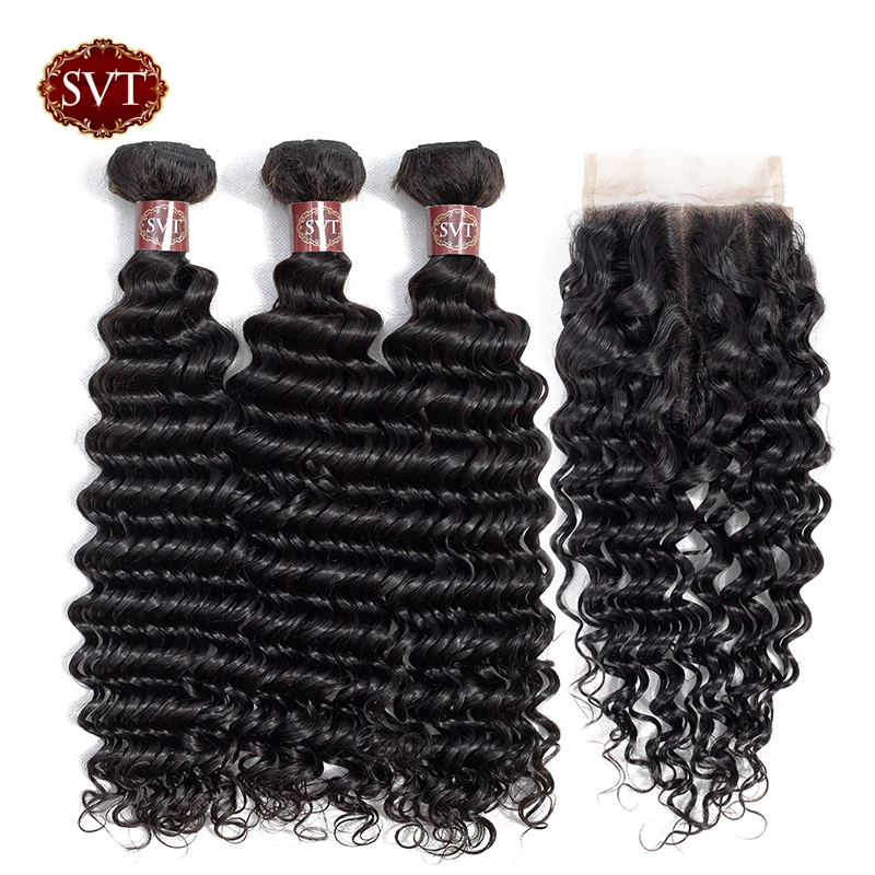 

SVT Deep Wave Bundles With Closure Human Hair 3 Bundles With Closure Peruvian Hair Bundles With Closure Non Remy Hair