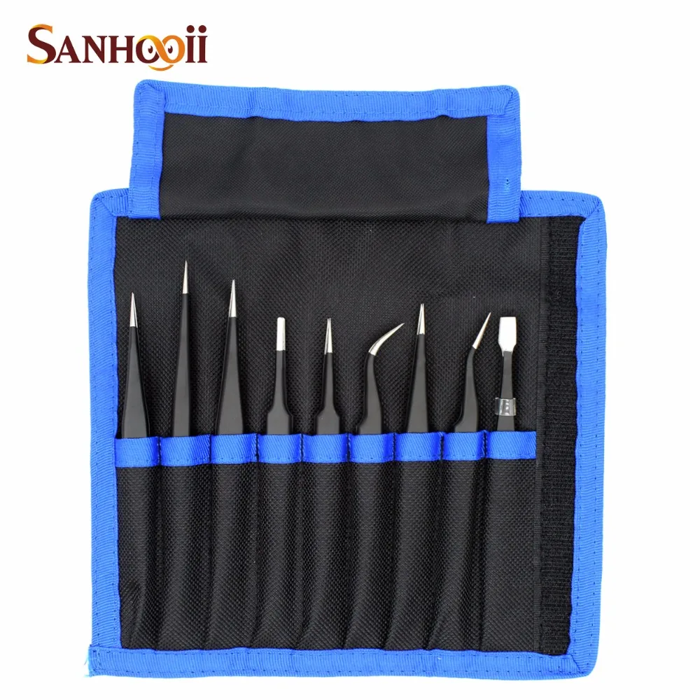 Sanhooii 9PCS ESD Stainless Steel Tweezers Kit for Mobile Repairing Pick up Precision Anti-static Maintenance Tools