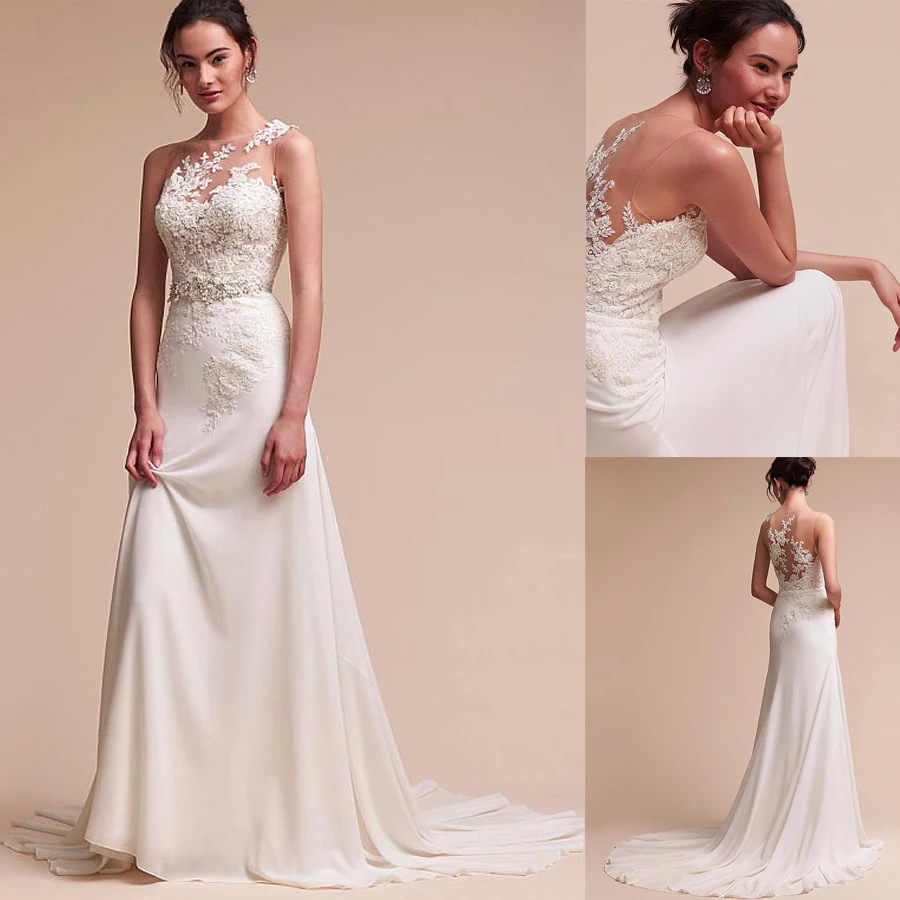 Fantastic Jewel Neckline Sheath/Column Wedding Dress With Beaded Lace Appliques Beading Sash Long Bridal Dress