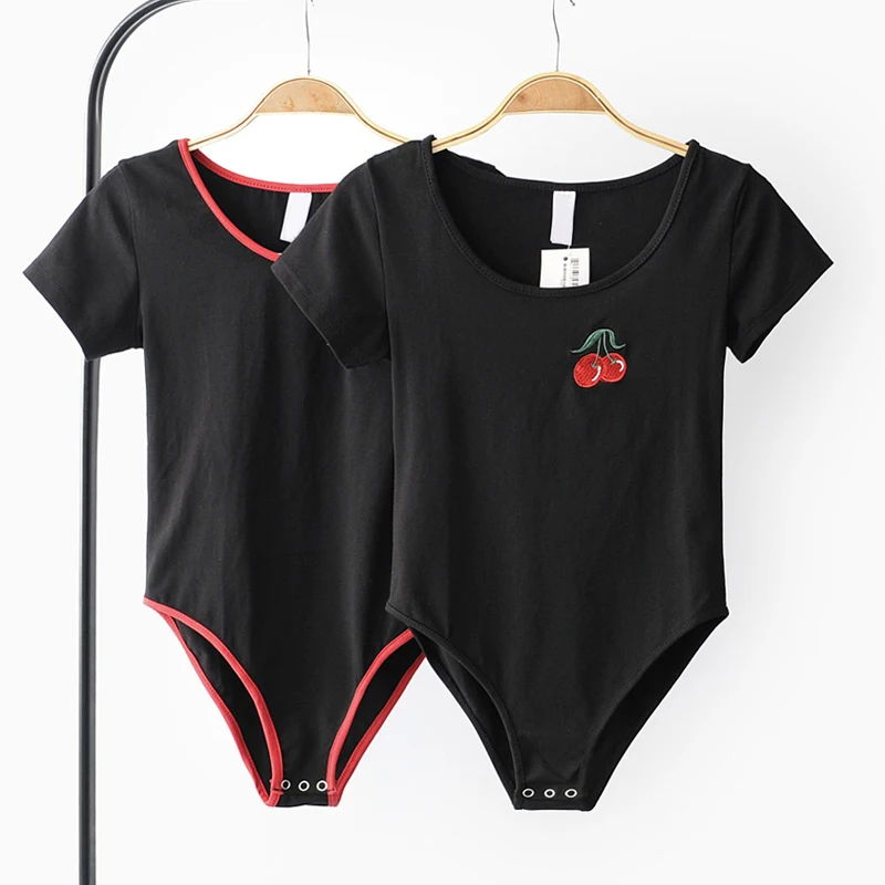 Women Short Sleeve Bodysuit with Embroidery cherry