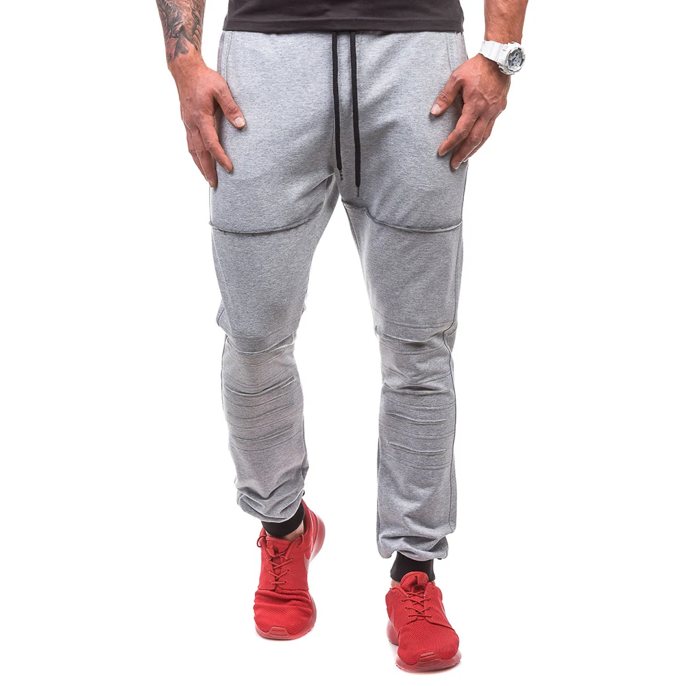 Men Ripped Pants Solid Color Drawstring Casual Workout Trousers
