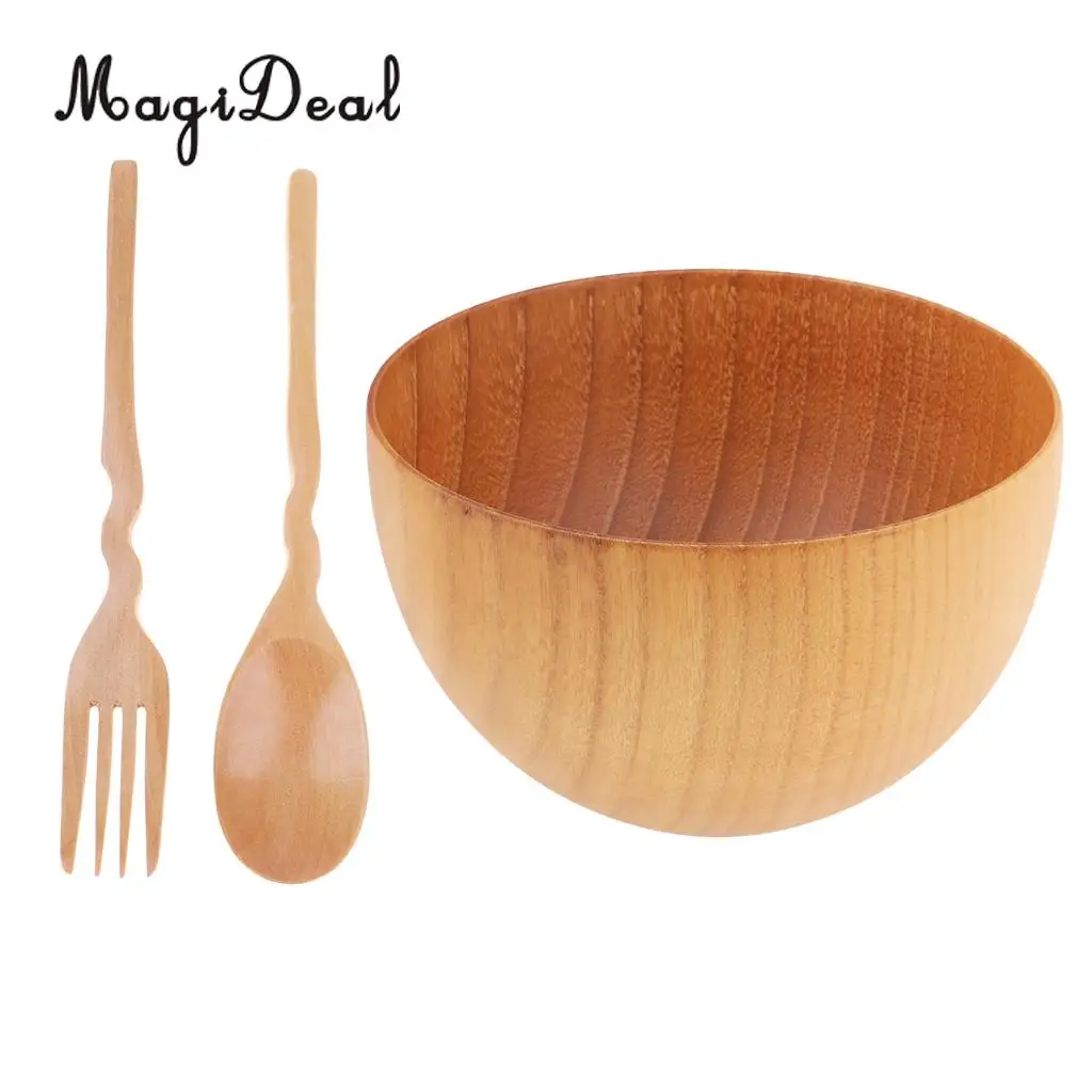 MagiDeal 3pcs Camping Portable Spoon Fork Bowl Set Wood Cereal Soup Container for Dinner Lunch