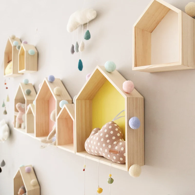 

Nordic Style Wooden Shelves Children Room Wood House Clapboard Shelves Wall Craft House Snow Mountain Tripod Home Decoration