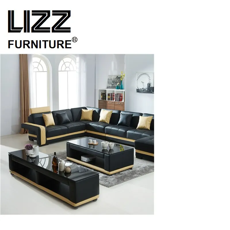New Design--modern Creative U Shape Genuine Leather Sectional Sofa modular lounge furniture living room sofa set with LED light