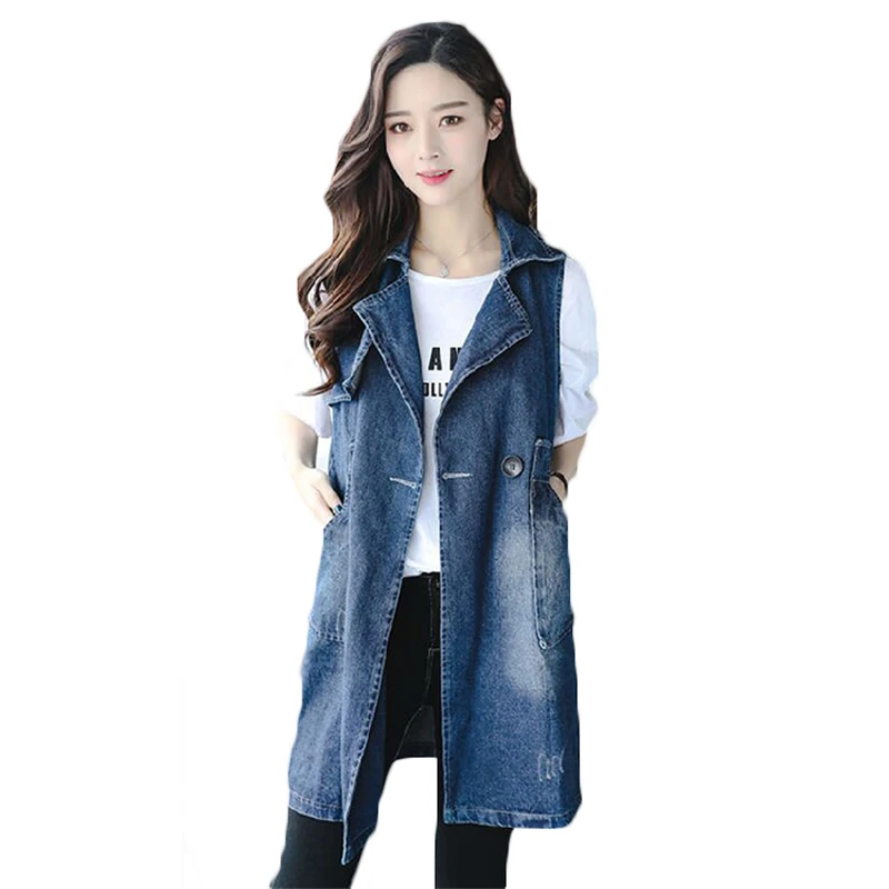 

Fashion 2018 Spring Summer New Korean Fashion Denim Vest Jackets Female Sleeveless Long Vest Jeans Coats Women Windbreaker A372