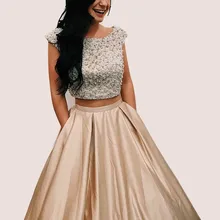 Атласные платья для выпускного вечера цвета шампанского из двух частей с карманами, жемчугом, бисером, открытой спиной, длинное вечернее платье для девочек, полуофициальное платье