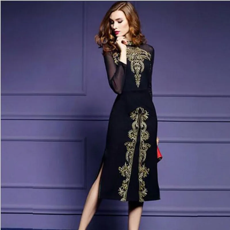 

Women 2018 Spring & Autumn Vintage Embroidery Dress Female Elegant Black Vestidos Retro Robe Femme Knitted Clothing Mesh QV261
