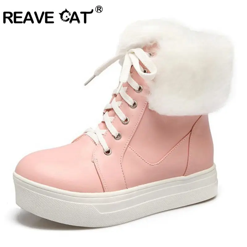 REAVE CAT Solid Simple ankle boots for women Fashion PU Lace up Winter boots Fashion boots Big size Fur Warm Female mujer A086