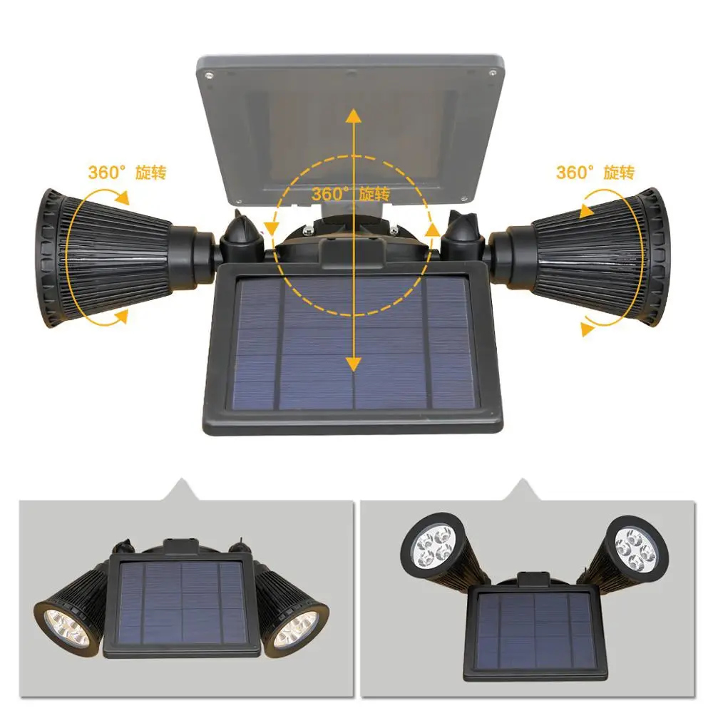

Solar energy double head lamp 360 degree rotary solar LED lamp, courtyard wall lamp solar lawn lamp