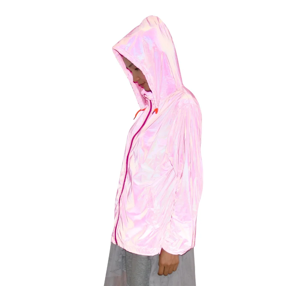 

Rainbow Reflective Jacket with Hoodie and Waterproof Wind Breaker for Women Hiking Cycling Running pink Safety Jacket