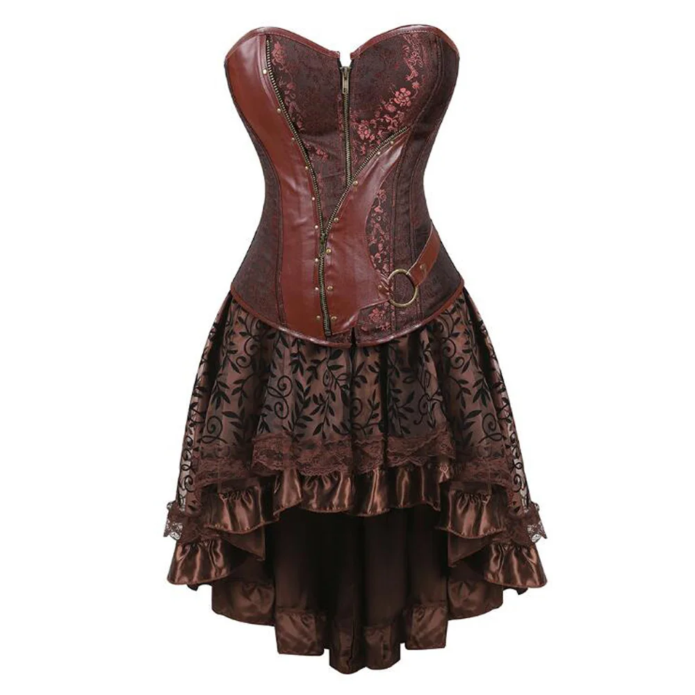 مثير حمالة جلدية اللباس الرجعية الملابس الفيكتوري Steampunk من النساء المخصر القوطية اللباس 2 قطعة مجموعة زائد حجم سخرية اللباس