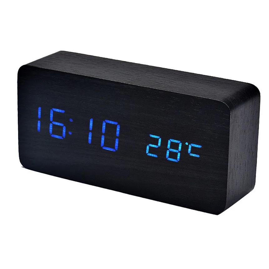 2018 Wooden LED Alarm Clock with Temperature Sounds Control Calendar LED Display Electronic Desktop Digital Table Clocks New