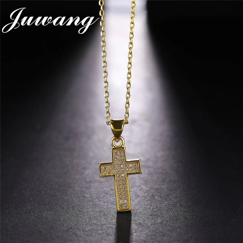 

JUWANG Religious Gold Color Cross Christian Cubic Zirconia Pendant Necklaces For Woman Long Necklace Jewelry Gift Wholesale