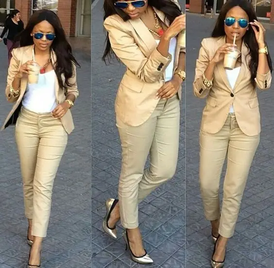 Khaki Pant Suits Casual Office Uniform Women Business Suits Formal