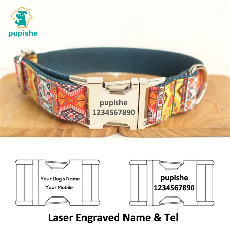 

PUPISHE Personalized Dog Collar Bohemia Fashion Designer Dog Collar & Leash Set Hand Made ID Collars for Small Medium Large Dogs
