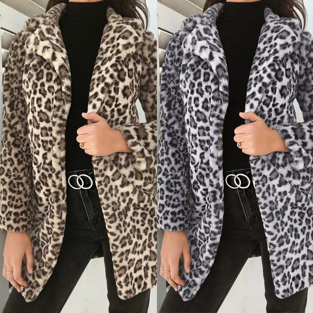 

2019 Winter Coat Women Jacket Faux Fur Outwear Warm Fleece Coat Animal Print Streetwear Women Cardigan Leopard Outwears